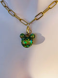 Evergreen Bear Fairy Orb – 20mm Green Glass Pendant with Twin 10mm Ear Orbs for Grounding, Courage, and Whimsical Protection