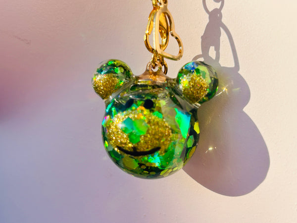 Evergreen Bear Fairy Orb – 20mm Green Glass Pendant with Twin 10mm Ear Orbs for Grounding, Courage, and Whimsical Protection